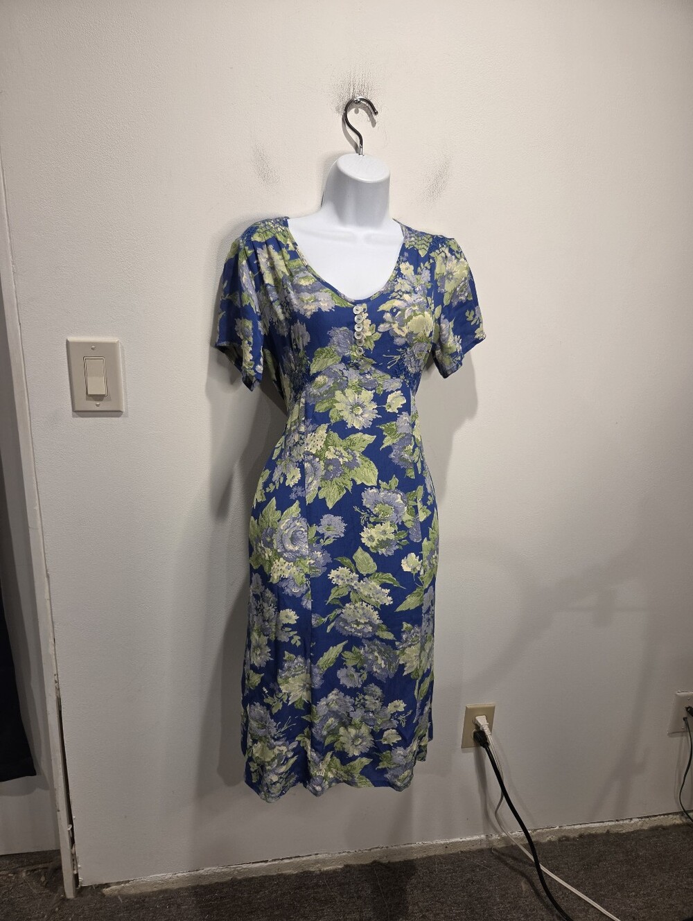 Vintage April Cornell Size Xs Boho Blue Floral Short Sleeves Midi Dress